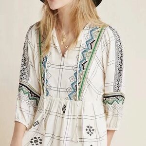 Anthropologie Embroidered Plaid Blouse - White and Green